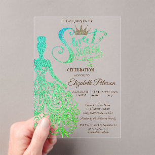 Grüner Glitter-Kleid, Diamanten Grüner Sweet 16 Acryleinladungen