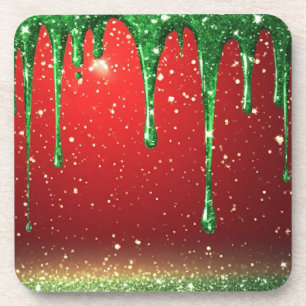 Grüner Glitter-Tropfen über rotem Hintergrund Getränkeuntersetzer