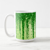 Grüner Glitter-Tropfenhintergrund mit Funkeln Kaffeetasse (Links)