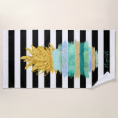 Grüner Glitzer Ananas Schwarz-weiß Streifen Strandtuch (Vorderseite)