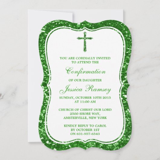 Grüner Glitzer Cross Heilige Kommunion Bestätigung Einladung (Vorderseite)