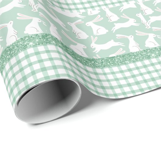 Grüner Glitzer Gingham Kariert Rabbits Geschenkpapier (Rolleneckpunkt)