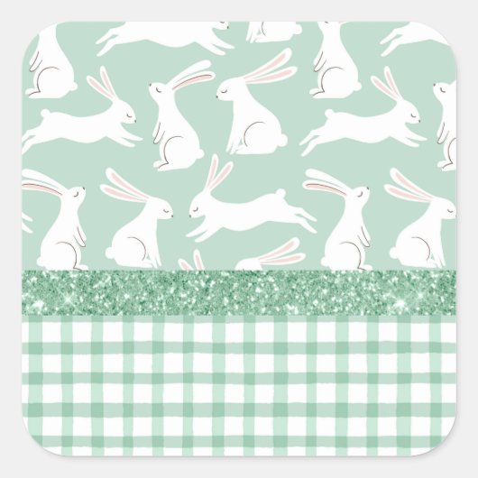 Grüner Glitzer Gingham Kariert Rabbits Quadratischer Aufkleber (Vorderseite)