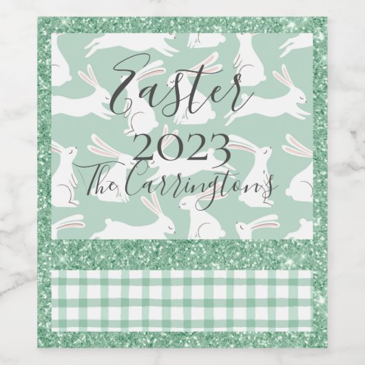 Grüner Glitzer Gingham Kariert Rabbits Weinetikett (Einzelnes Label)