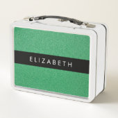 Grüner Glitzer, Hintergrund des Glitzer, Ihr Name Metall Brotdose (Rückseite)