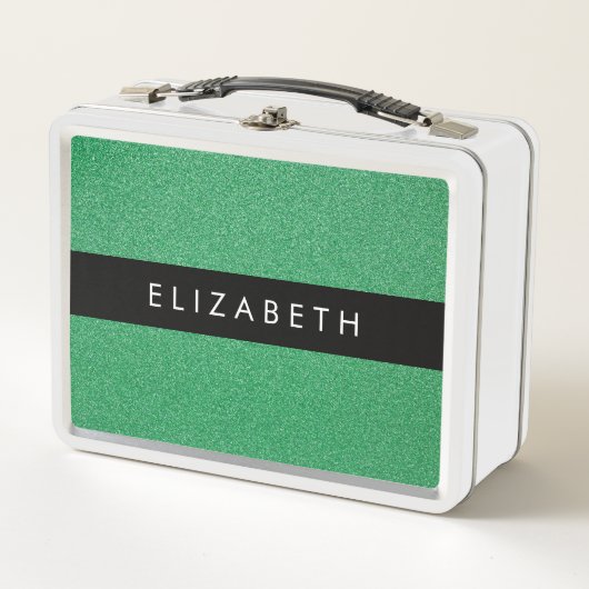 Grüner Glitzer, Hintergrund des Glitzer, Ihr Name Metall Brotdose (Vorderseite)