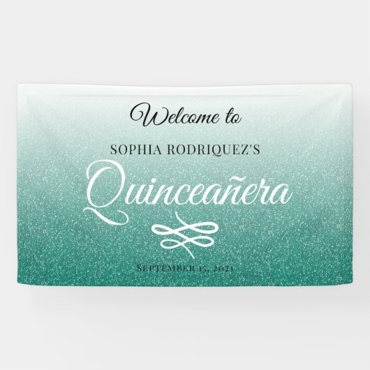 Grüner Glitzer Quinceañera 15. Geburtstag Willkomm Banner (Horizontal)