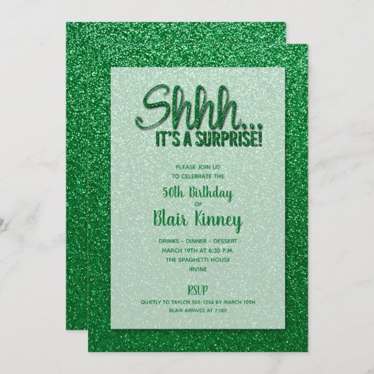 Grüner Glitzer ÜBERRASCHEN Geburtstag Einladung (Vorne/Hinten)