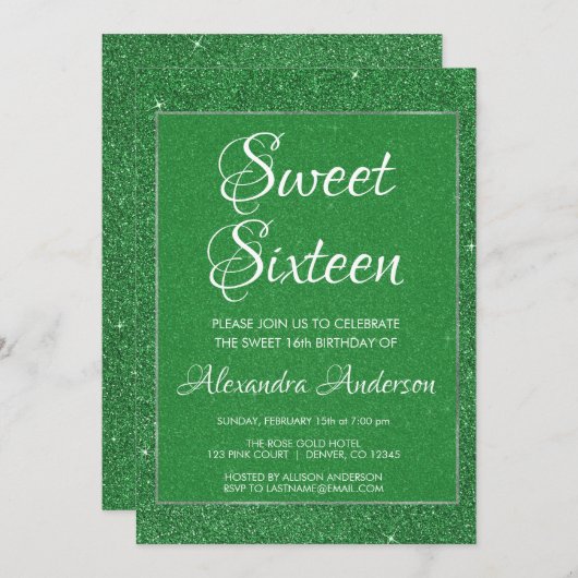 Grüner Glitzer und Sparkle Sweet 16 Geburtstagspar Einladung (Vorne/Hinten)