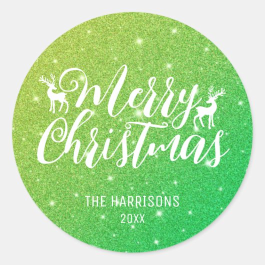Grüner Glitzer Weißer Typografie Rentierfest Runder Aufkleber (Vorderseite)