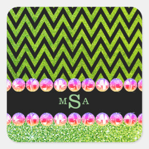Grüner Glitzer Zickzack rosa Blende Monogram Glam Quadratischer Aufkleber