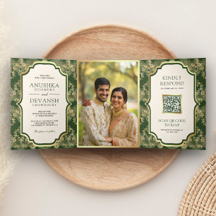 Grüner Gold-Lace-QR-Code-Foto Indische Hochzeit Dreifach Gefaltete Einladung