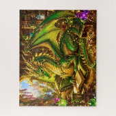 Grüner Goldener Drache mit Buch und Kaffee Puzzle (Vertikal)