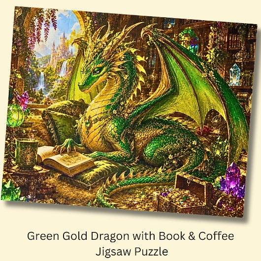 Grüner Goldener Drache mit Buch und Kaffee Puzzle