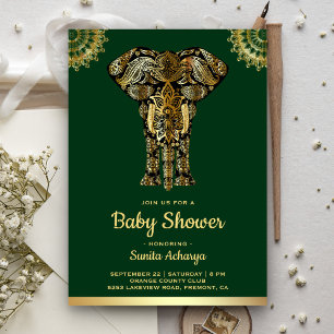 Grüner Goldener Elefant Indische Babyparty Einladung