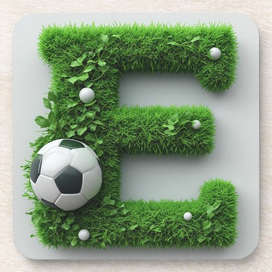 Grüner Gras-Buchstabe E-Topiarie mit Fußball Getränkeuntersetzer (Vorderseite)