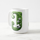 Grüner Grasbuchstabe J mit Fußball Kaffeetasse (Vorderseite Links)