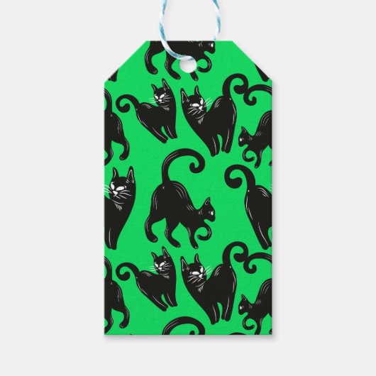 Grüner Halloween-Schwarzer-Kater Geschenkanhänger (Vorderseite)