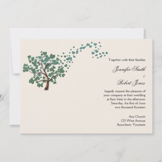 Grüner Herzbaum auf Elfenbeinhochzeit Einladung (Rückseite)