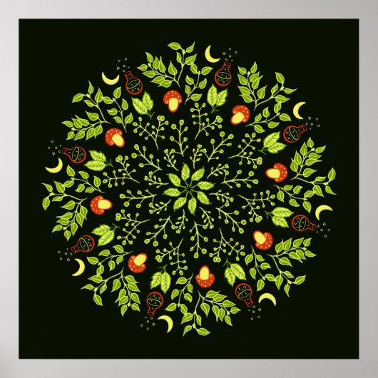 Grüner Hexentrank Pilz verlasse Pflanze Mandala Poster (Vorne)
