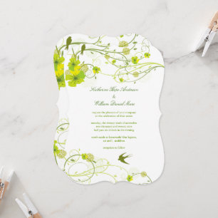 Grüner Hibiskus Strudel & Schwalben Blumenhochzeit Einladung