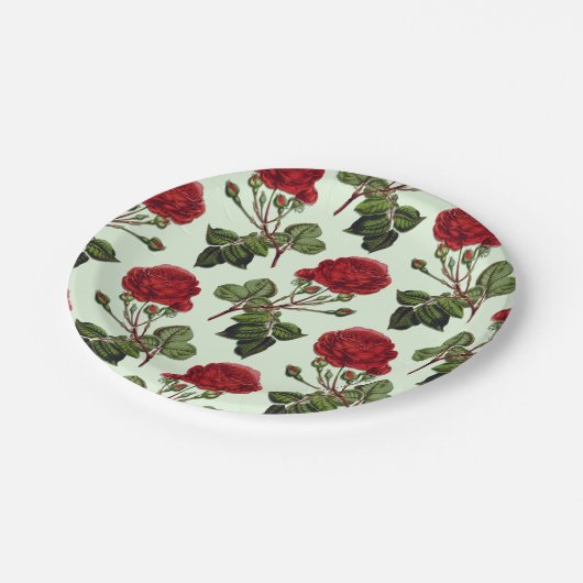 Grüner Hintergrund der Red Long Stem Rose Pappteller (Schrägansicht)