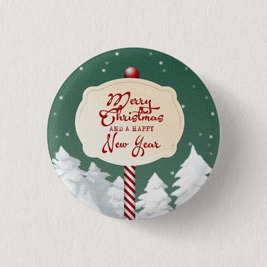 Grüner Hintergrund mit Weihnachtsbaum und Schild Button (Vorderseite)