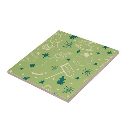 Grüner Hintergrund mit Weihnachtsbäumen, Schildern Fliese (Seite)