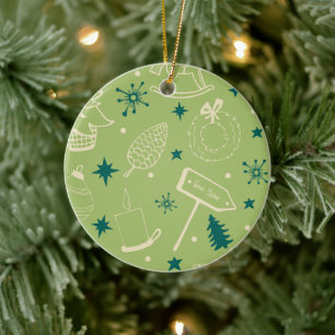Grüner Hintergrund mit Weihnachtsbäumen, Schildern Keramik Ornament