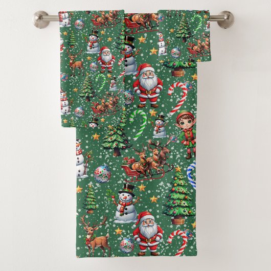 Grüner Hintergrund Weihnachtsdekorationsmuster Badhandtuch Set