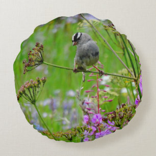 Grüner Hummingvogel lila rosa Blumenhintergrund Rundes Kissen