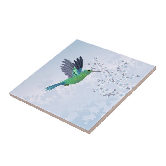 Grüner Hummingvogel mit Blauer Kirschblüte Fliese (Seite)