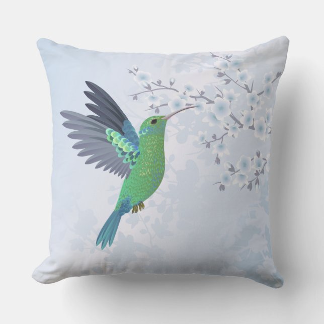 Grüner Hummingvogel mit Blauer Kirschblüte Kissen (Vorderseite)
