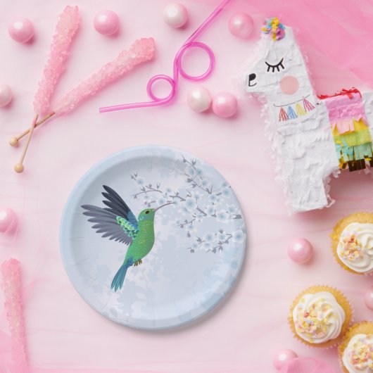 Grüner Hummingvogel mit Blauer Kirschblüte Pappteller (Party)