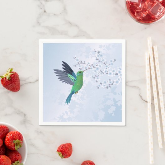 Grüner Hummingvogel mit Blauer Kirschblüte Serviette (Beispiel)