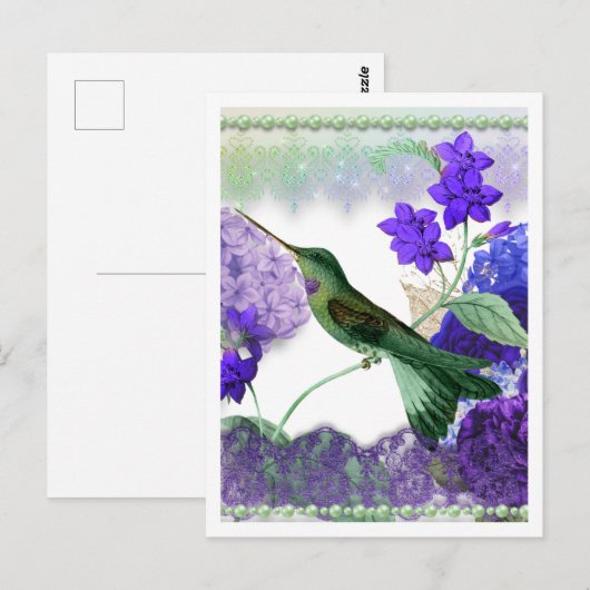 Grüner Hummingvogel mit Blume, Spitzen, Perlen Postkarte (Vorne/Hinten)