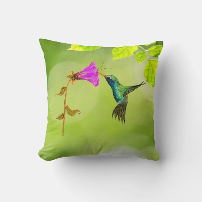 Grüner Hummingvogel und Blume Kissen (Vorderseite)