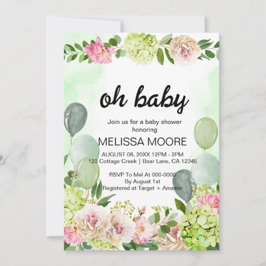 Grüner Hydrangea Rosa Blütenbalon Einladung (Vorderseite)