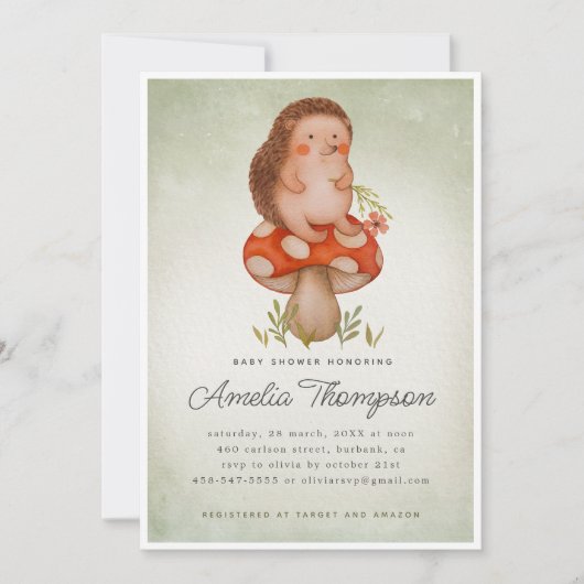 Grüner Igel und Mushroom-Babydusche Einladung (Vorderseite)