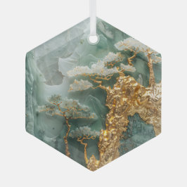 grüner Jade und Golddorf Ornament Aus Glas