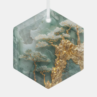 grüner Jade und Golddorf Ornament Aus Glas