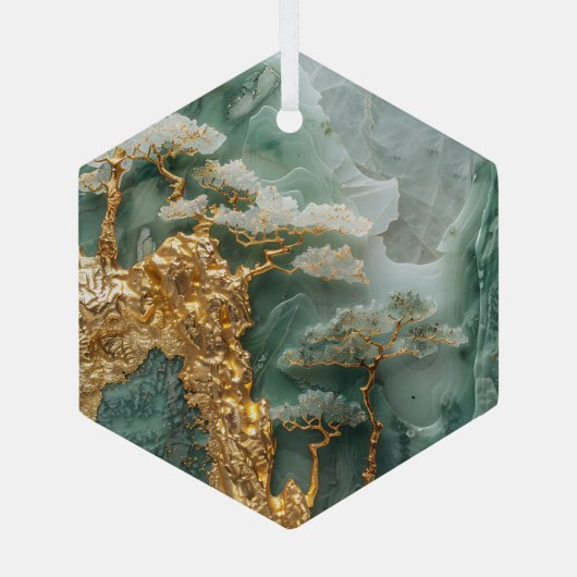 grüner Jade und Golddorf Ornament Aus Glas (Rückseite)