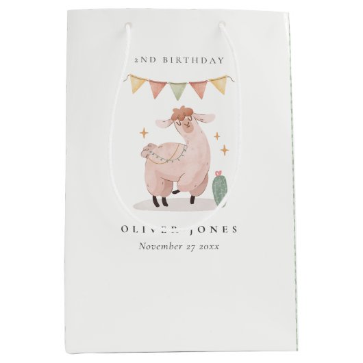 Grüner Karierter Kaktus Boho Llama jedes Lebensalt Mittlere Geschenktüte (Vorderseite)