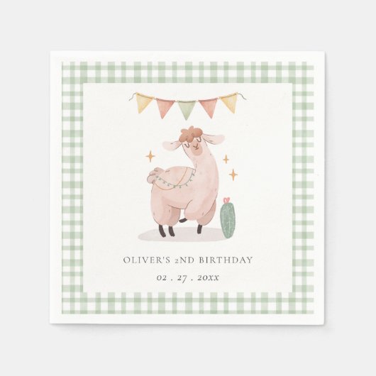 Grüner Karierter Kaktus Boho Llama jedes Lebensalt Serviette (Vorderseite)