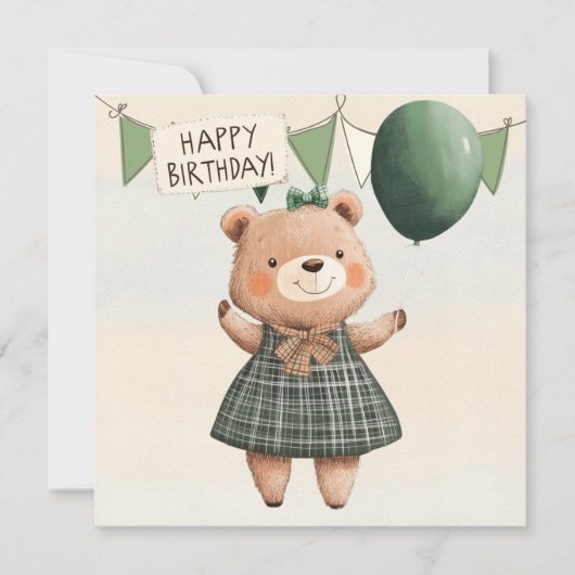 Grüner Karierter Kleiderbär mit Haarbow Einladung (Vorderseite)