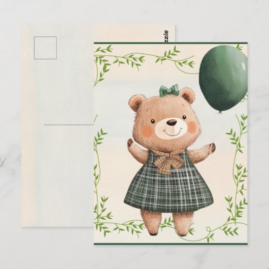 Grüner Karierter Kleiderbär mit Haarbow Postkarte (Vorne/Hinten)