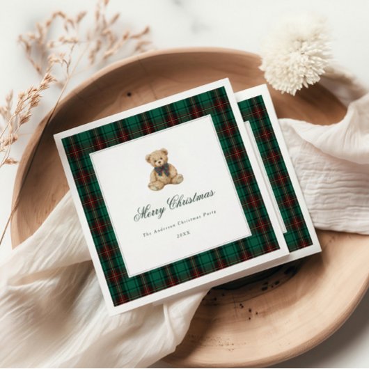 Grüner Karierter Teddybär Weihnachtsfeier Serviette