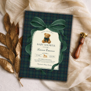 Grüner Karo-Polo-Teddybär-Junge-Baby-Party Einladung