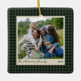 Grüner Karo-Rahmen einfaches Foto Weihnachten Keramikornament