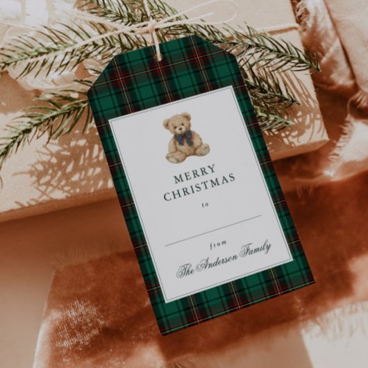 Grüner Karo-Teddybär-Weihnachtsfeier Geschenkanhänger